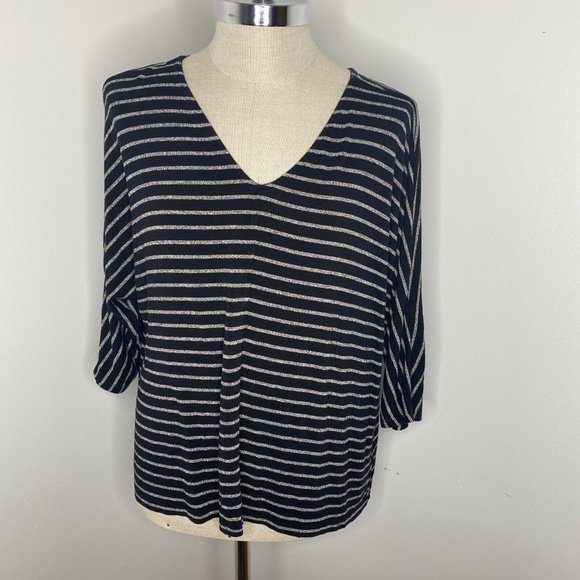 J JIll Pink T- Shirt Women's XL Tunic Top Black Tan Striped V Neck 3/4 Sleeve - Picture 1 of 6